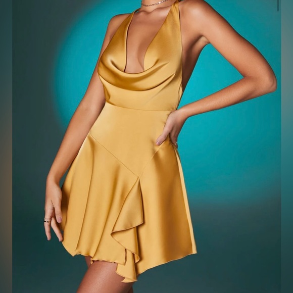 Oh Polly Dresses & Skirts - NWT Satin Gold Halter Cowl Neckline Swing Dress
